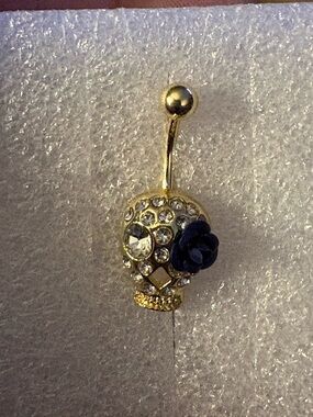 Belly Ring-Blue like sapphire, Stainless Steel skeleton head in Gold Tone
